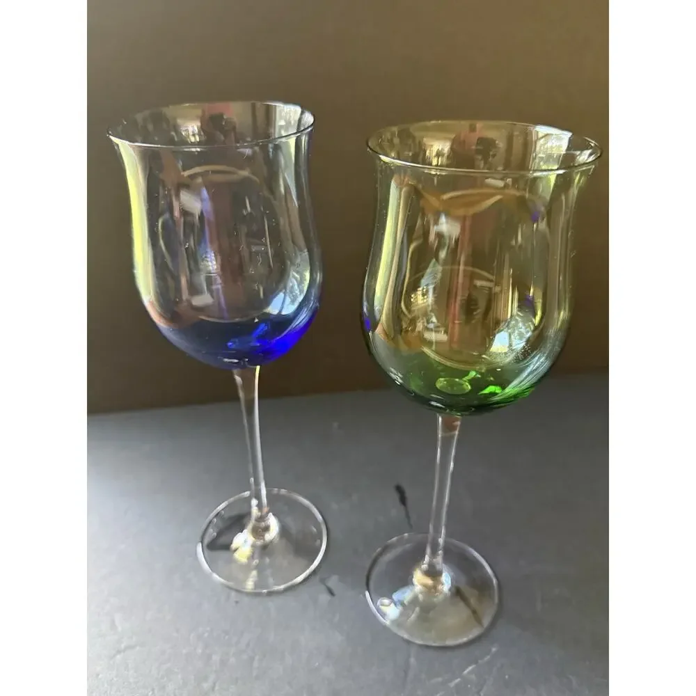 Lennox Gems Tulip Wine Glass Set 2 Stem Colorful Cocktail Barware MCM Minimalist